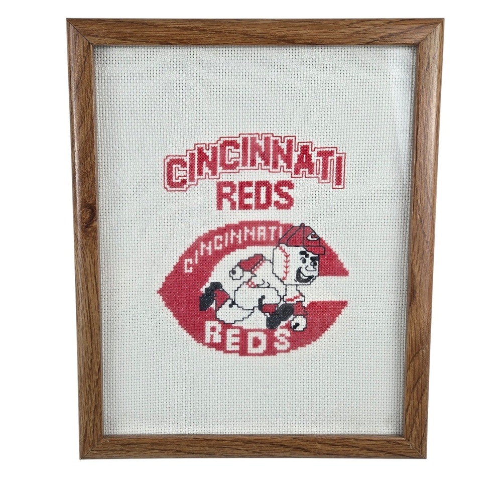 Vtg Cincinnati Reds MLB Needlepoint Hand Stitched Mr Redlegs Framed Art 11x9"